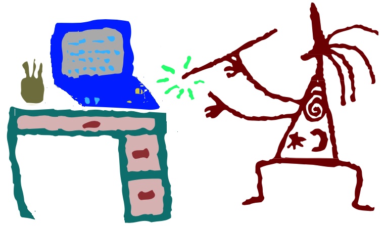 cave-drawing-like representation of a wizard making magic on a laptop computer