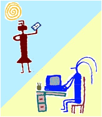 drawn images of a person using a smart phone and a person using a laptop